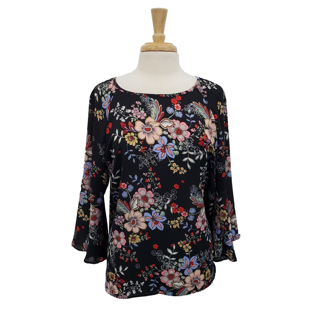 Zac & Rachel Womens PXL Black Floral Chiffon Bell Sleeve Blouse Boho Top